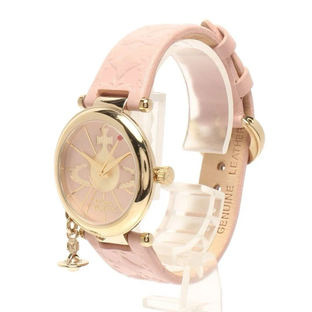 Vivienne Westwood Women's Watch With Box Gold Orb Quartz, Pink Leather Strap